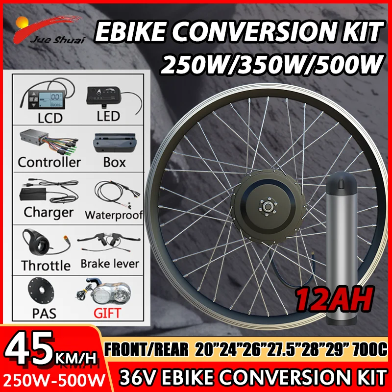 E Bikes Conversion Kit Set with Kettle Battery 36V 250-500W Brushless Wheels Hub Motor for Electric Bicycles 26'' 27.5'' 700C