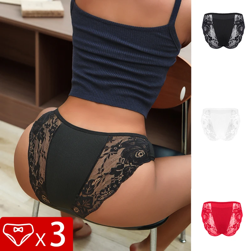 

Комплект из 3 шт. женских трусиков с низкой посадкой, в рубчик, с кружевом, дышащие, удобные, элегантные, с цветочным узором, сексуальное нижнее белье