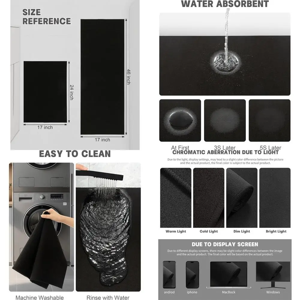 

2-Piece Non-Slip Bath Mat Set, Ultra Thin Door-Fit, Quick Drying and Absorbent, Machine Washable for Bathroom Floors (Black)