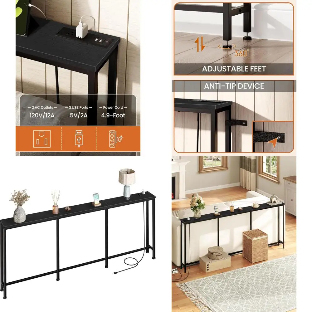 

78.7 Slim Console Table with Power Outlet and Charging Station for Living Spaces, Black TXG20UBB