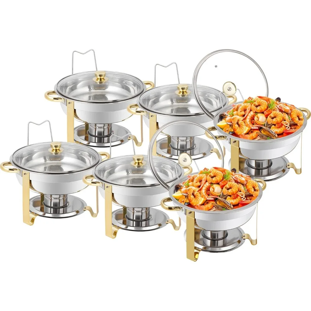 

SUPER DEAL 6 Pack Round Chafing Dishes for Buffet Set with Glass Lid, Food and Water Pan, Solid Stand and Fuel Holder, 5QT Chafe