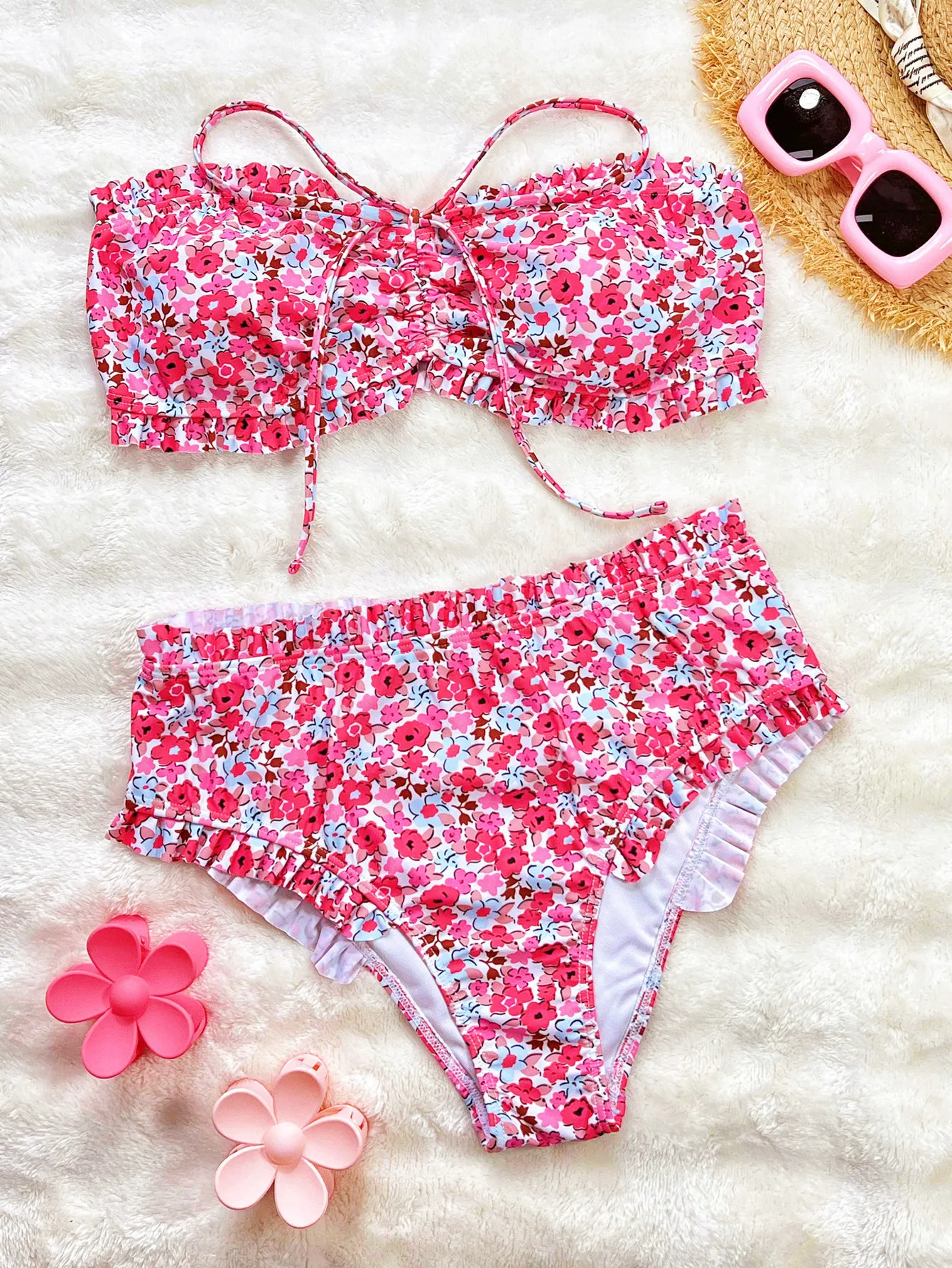 

sexy wrinkled flower print ruffles bow tie bikinis sets two pieces high waist swimsuits beachwear bathing suits swimwear bakini