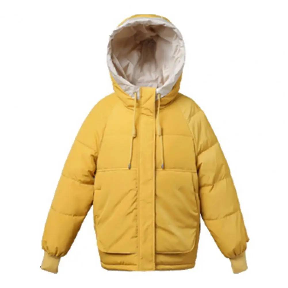 Women Cotton Padded Coat Hooded Drawstring Long Sleeve Solid Color Jacket Coat with Big Pockets Loose Fit Zipper Placket Quilted