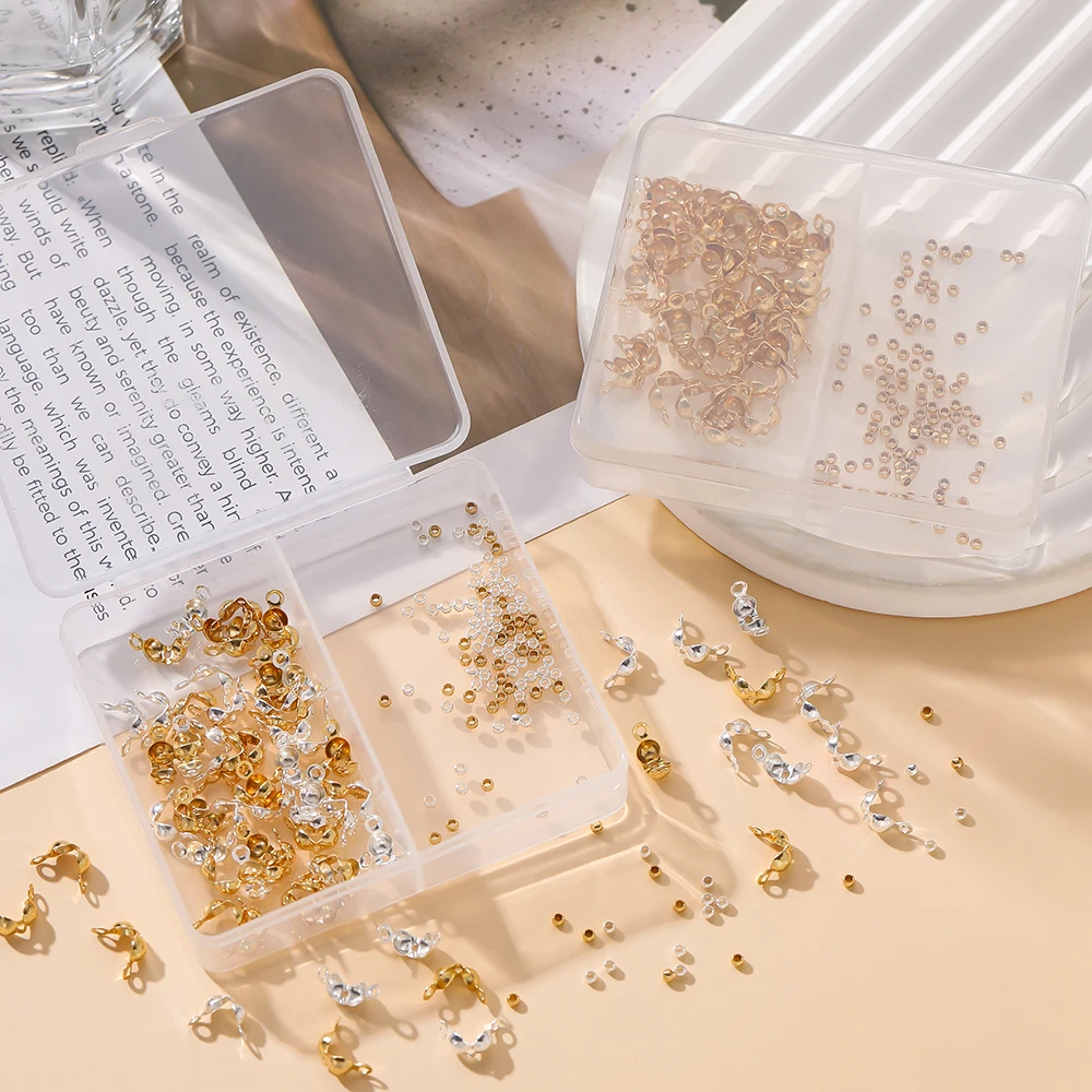 150pcs/Box 18K Gold Color Plated Ball Chain Connector Clasps Calottes End Crimps Beads for DIY Bracelet Necklace Jewelry Making