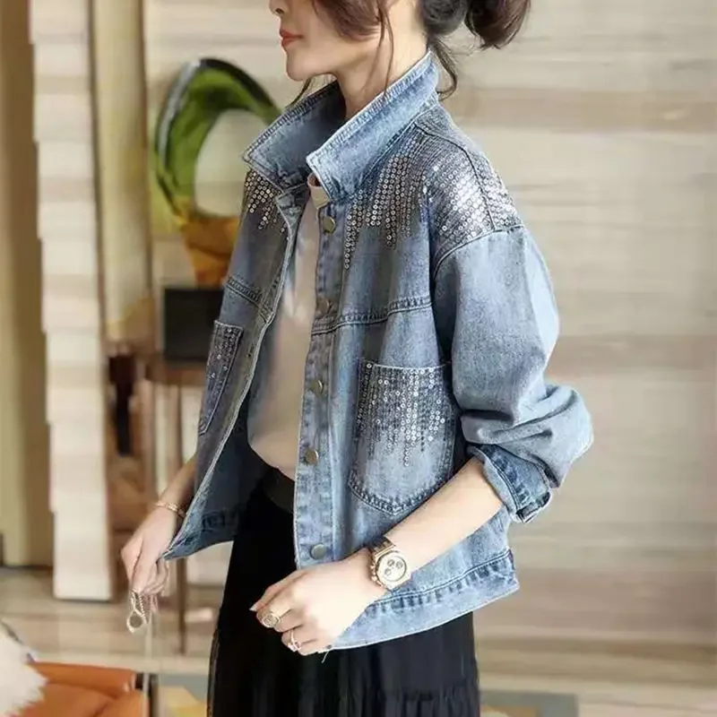 Denim Coat Female Ins Short Early Autumn Coat Sequins Loose Korean Version of Joker Autumn 2024 New Style