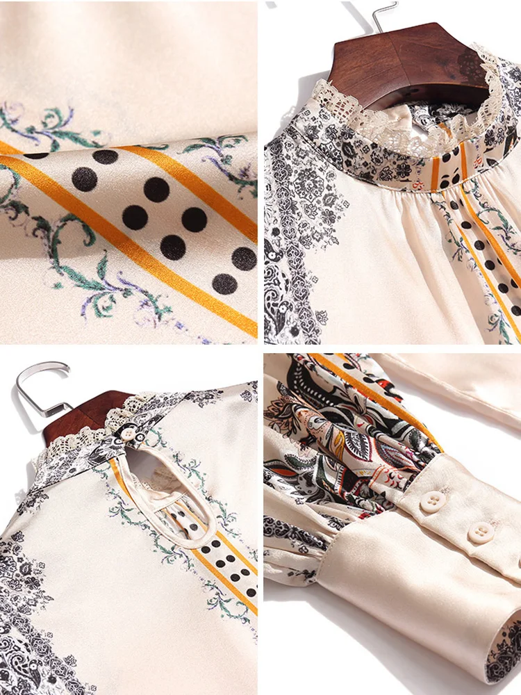 EVNISI French Printed Woman Blouse Silk Satin Shirt Elegant Loose Lantern Sleeve  Office Ladies Spring Autumn Pullover Tops