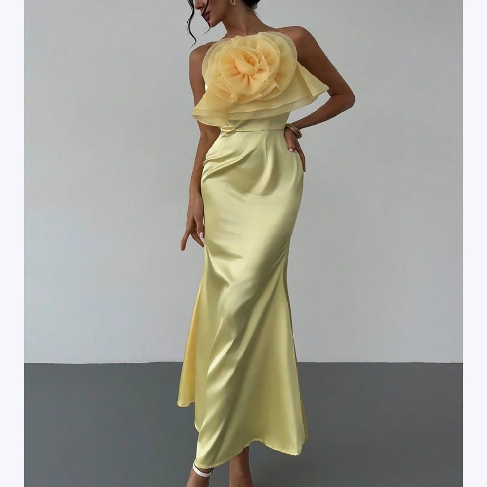 

Yellow Satin Evening Dresses Elegant Women Pleats Flowers Sleeveless Dancer Night Ceremony Gothic Formal Party Gowns
