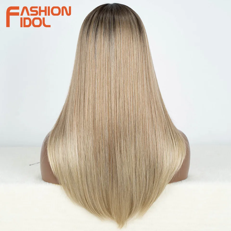 FASHION IDOL 22 Inch Straight Baby Hair Wigs Synthetic Bob Dark Root Platinum Lace Front Wigs Ombre Blonde Lace Wigs for Women