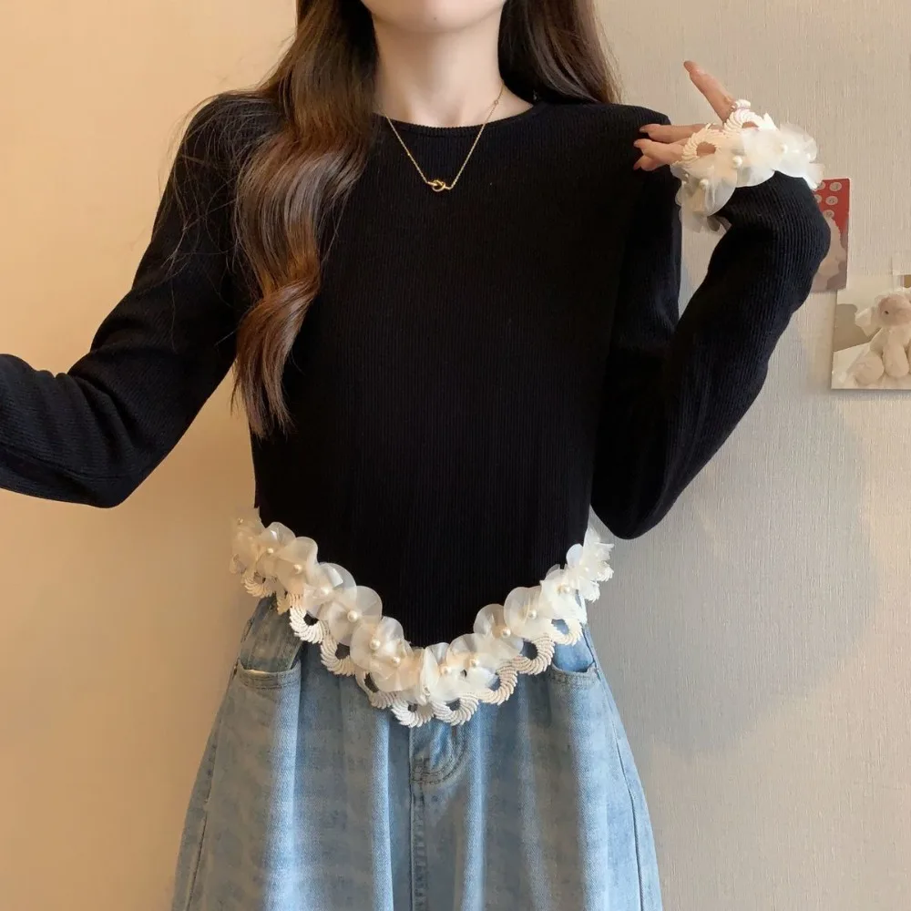 Großes Retro-Hemd mit schwarzer Basis für Damen, Spitze, einfarbiges Design, schmale Passform, schlankmachend, schlicht, elegant, Sinn für Mode