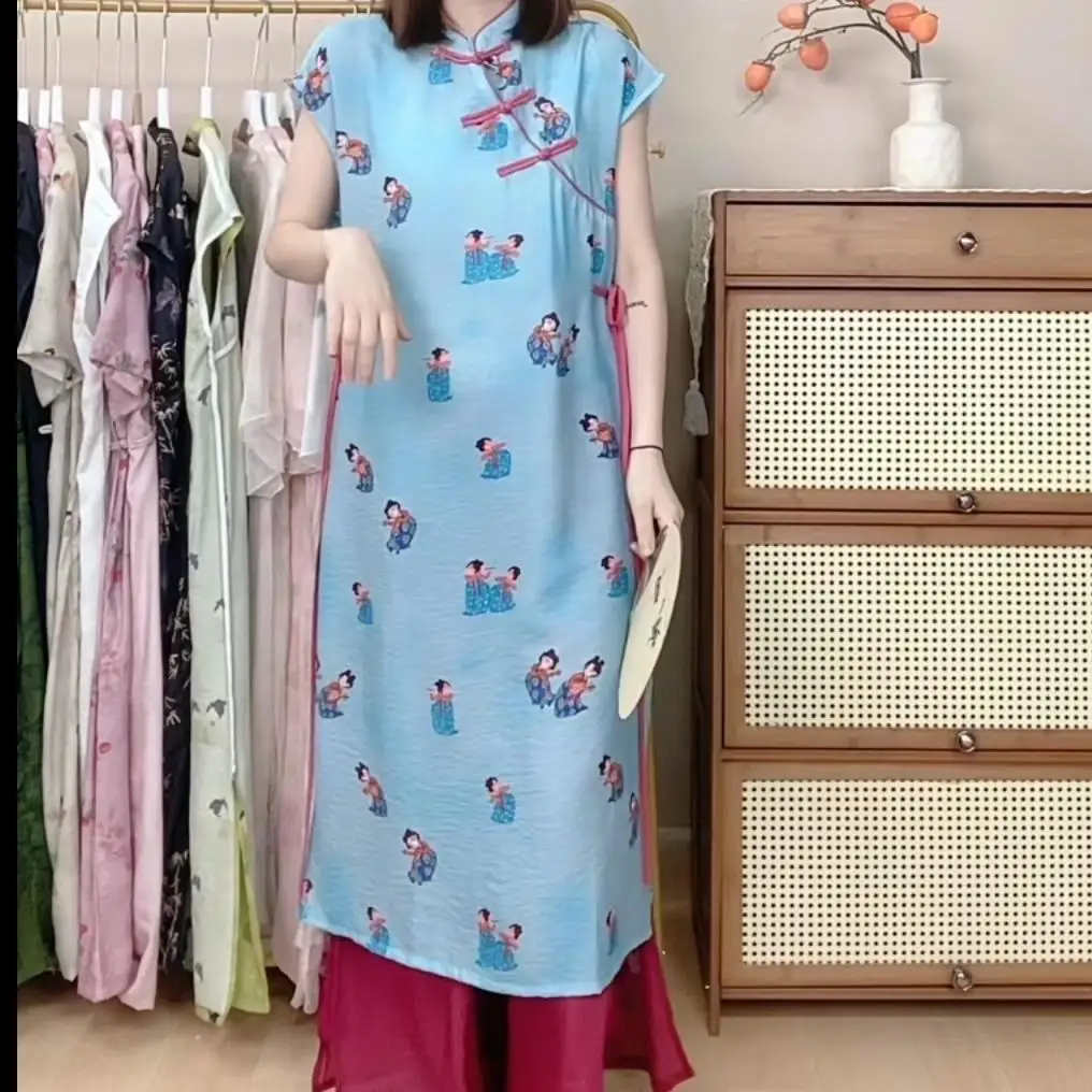

Новое китайское Ципао с цветочным принтом, летнее платье Cheongsam, длинное платье в старинном стиле с ретро-принтом, китайская одежда, зеленый топ и оранжевая юбка