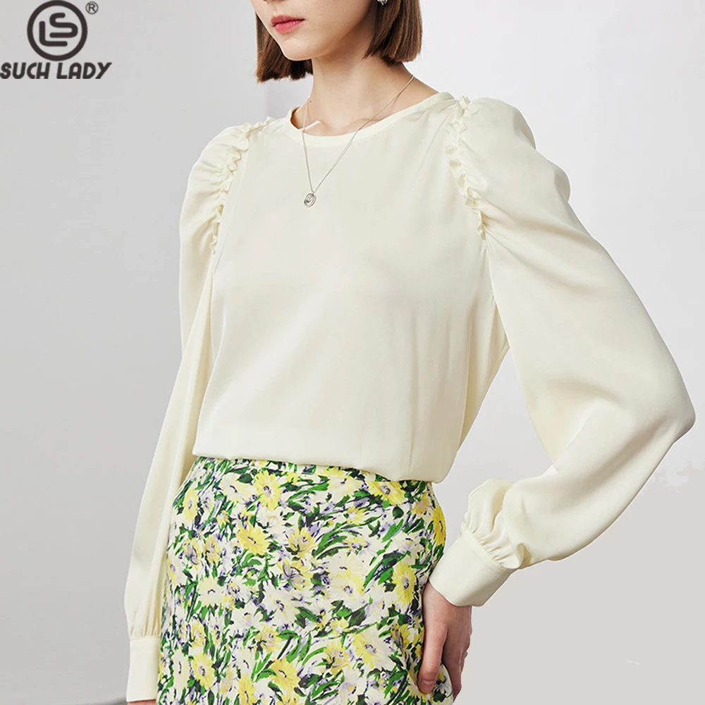 

90% Natural Silk 10%Spandex Women's Blouse O Neck Long Sleeves Ruffles Ruched Elegant Fashion Tops Outerwear