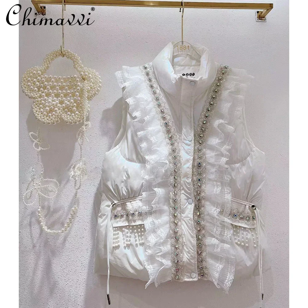 

Down Cotton Vest Jacket Women's Winter New Korean Fashion Sweet Girls Heavy Industry Rhinestone Lace Splicing Warm Vests Top