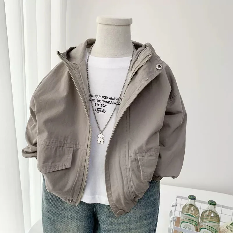 2026 Boys' Hooded Coat Spring Thin Trench Children's Solid-Colour Casual Jacket New Fashion Loose Top Kids Autumn Outerwear