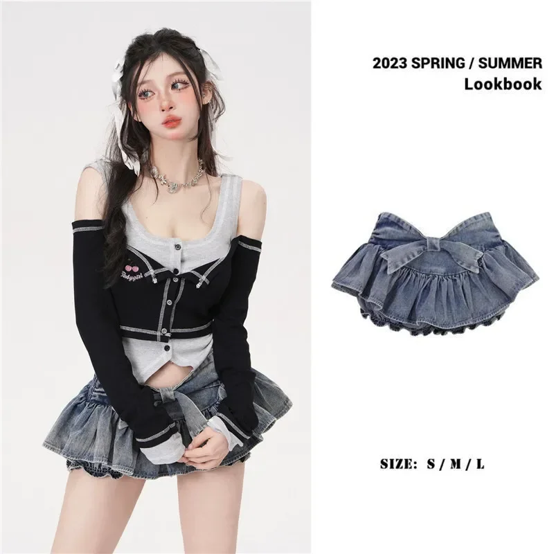 Y2k Skirt Double Layer Ruffles Fake Two Piece High Waist Denim Skirt Miniskirt Denim Anti Light Cake Skirt Fashion Mini Skirt