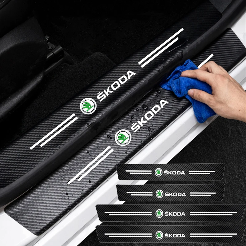 5Pcs Car Emblem Threshold Door Sill Protector Anti Scratch For Skoda Octavia Kodiaq Fabia Superb Yeti Rapid  Kamiq Karoq Derivat