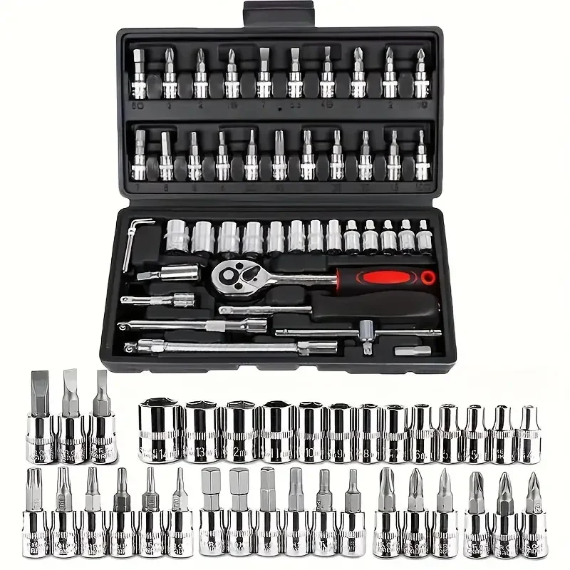 

Car Repair Box Tool Kit 1/4-Inch Socket Ratchet Key Driver Spanner Torque Wrench Combo Auto Mechanical Toolkit Full Set 46 Pcs