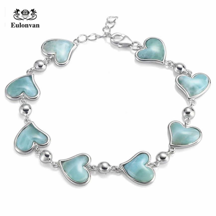 

Eulonvan Heart 925 Sterling Silver Bracelets For Women Larimar Natural Stone Beautiful Charms Female Jewelry Dropshipping S-3798