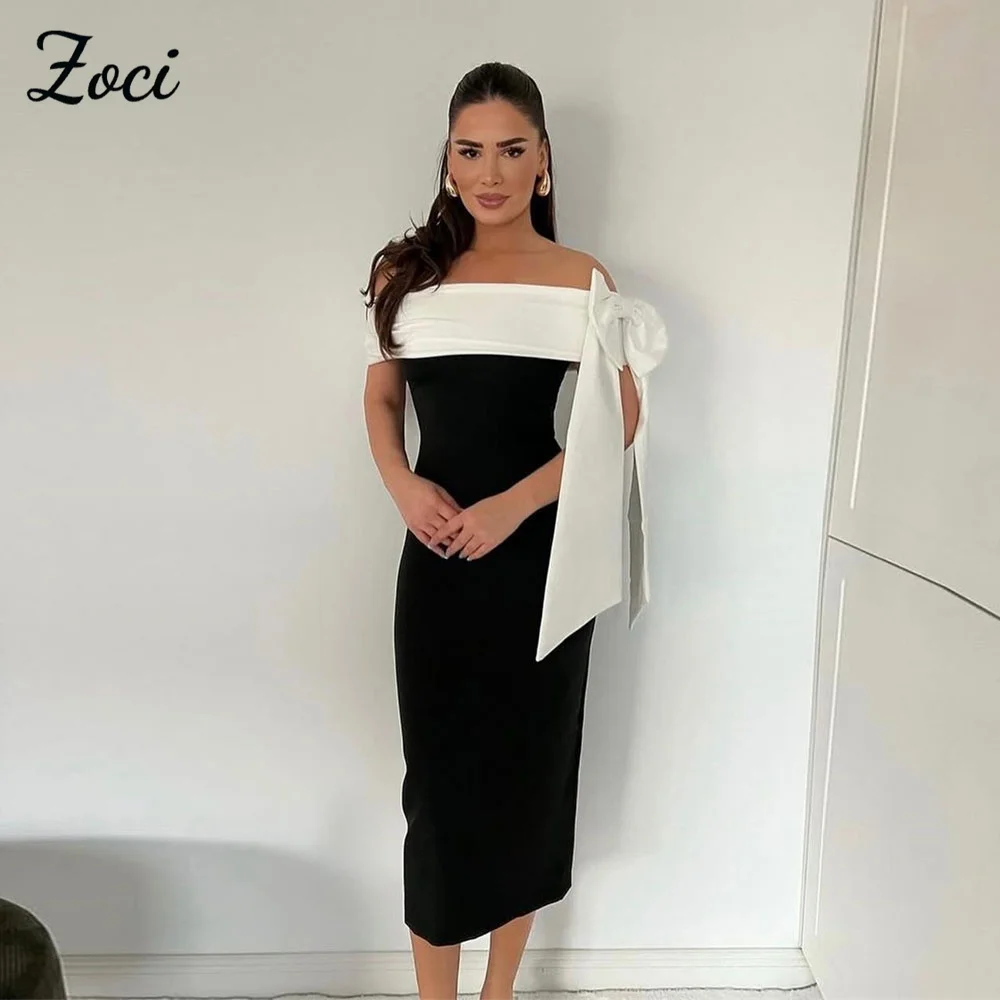 

Zoci Elegant Black White Prom Dresses Off Shoulder Saudi Dubai Formal Party Gown Customized Tea Length Mermaid vestidos de festa