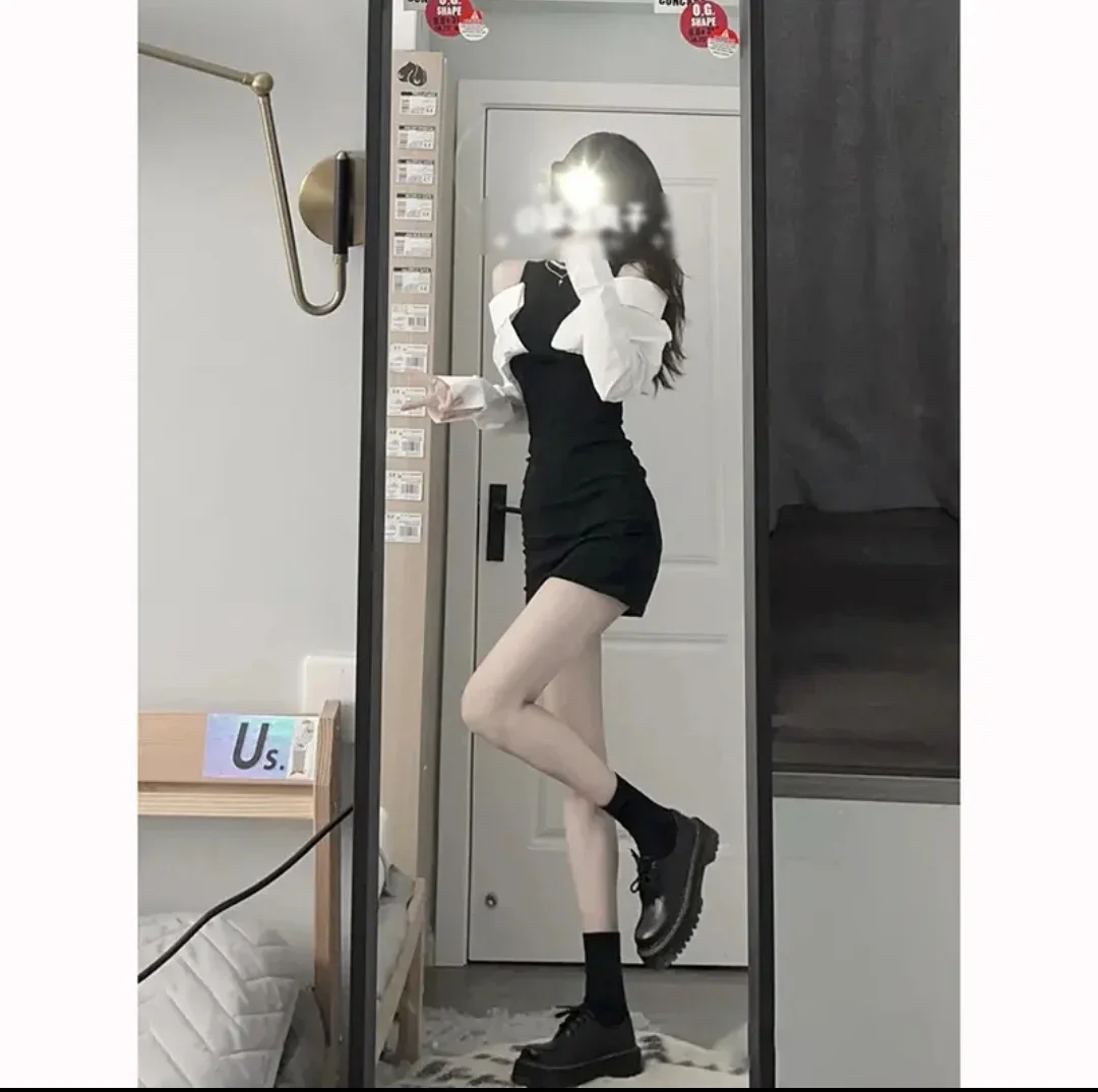 فستان Bodycon Y2k للنساء من فيستدوس دي موجر شيك مزيف اثنين تونك مثير رداء نسائي مكشوف الأكتاف فساتين قصيرة عصرية مثيرة