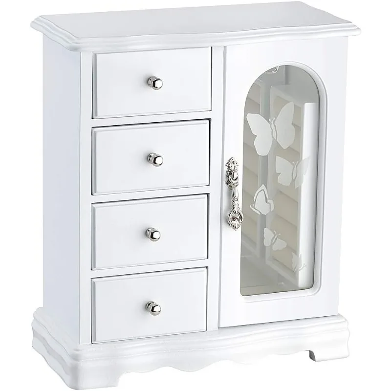 

Jewelry Box - Made of Solid Wood with 4 Drawers Organizer and Built-in Necklace Carousel and Large Mirror White