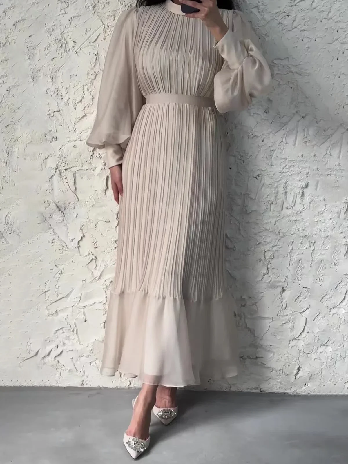 2024 New Ruffled Lace-Up Maxi Dress For Women Autumn Flare Sleeve Bandage Fashion High Waist Elegant Party Pleated Long Dress