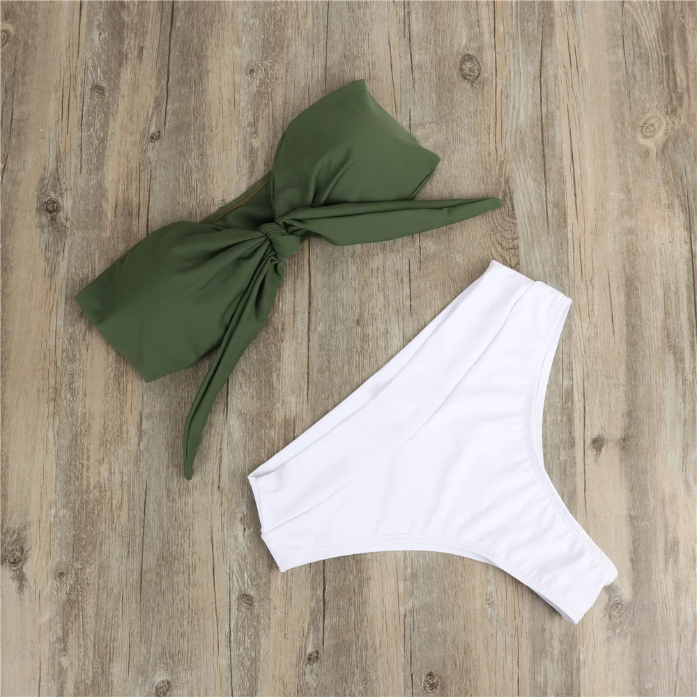 High Waist Bikini Thong Knotted Swimsuit Strapless Backless Vacation Swimwear Women Retro Bathing Suit Beach Summer Swim Outfits