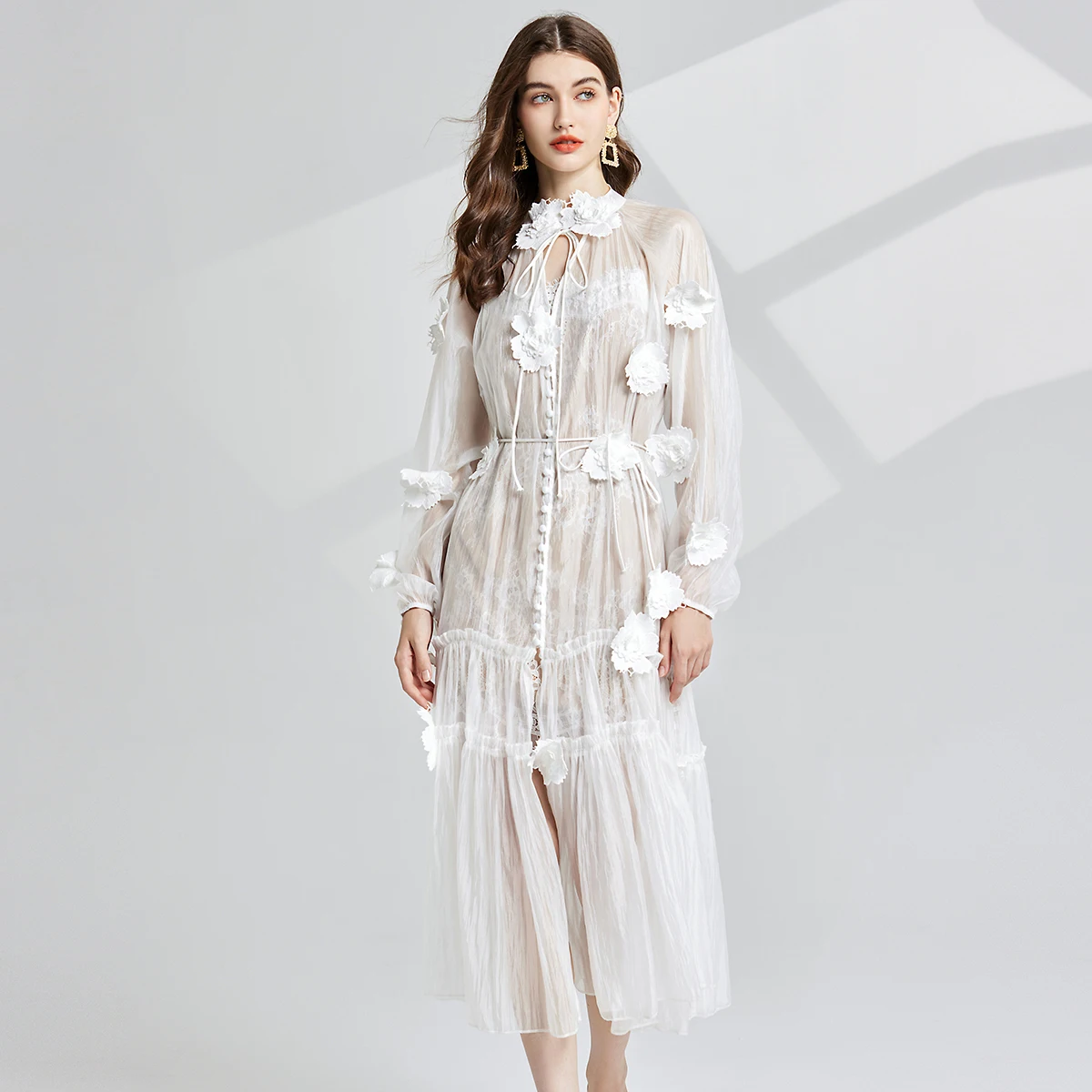 2024 Runway Elegant Autumn Foral Embroidery White Holiday Dress Women O Neck Lantern Sleeve Lace Up Ruffles Loose Midi Vestidos