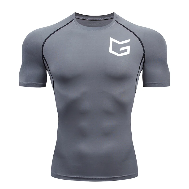 T-shirt de course ajusté pour hommes, haut de sport, fitness, séchage rapide, respirant