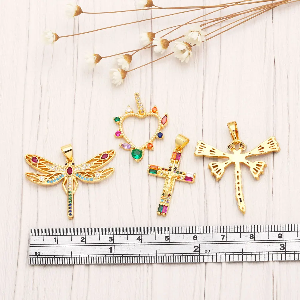 OCESRIO Multicolor Crystal Dragonfly Pendant for Necklace Copper Gold Plated CZ Crucifix Heart Jewelry Making Component pdta960