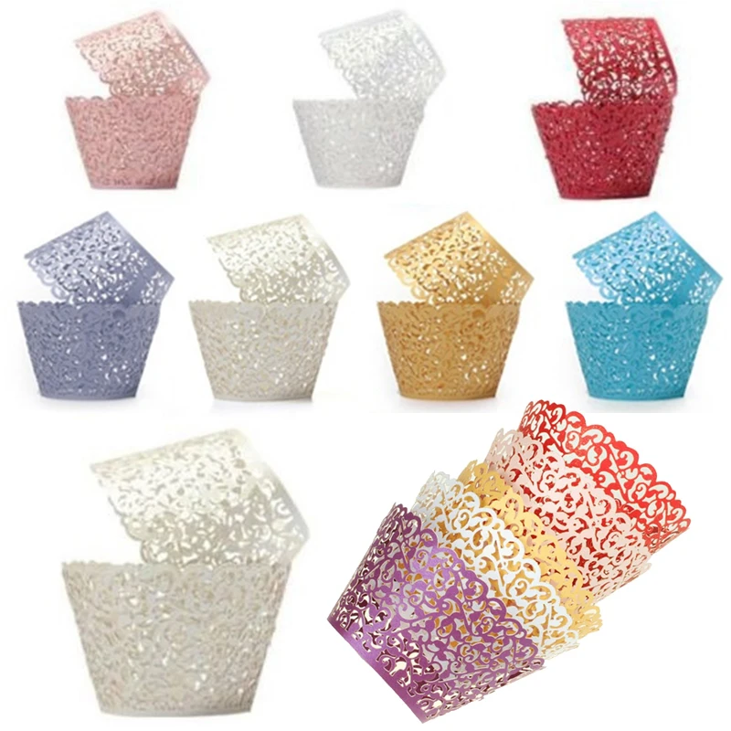 50pcs  Cupcake Wrappers Lace Laser Cut  Cupcake  Liner Baking Cup Hollow Paper Cake Cup Decoration Happy Birthday Cake Topper