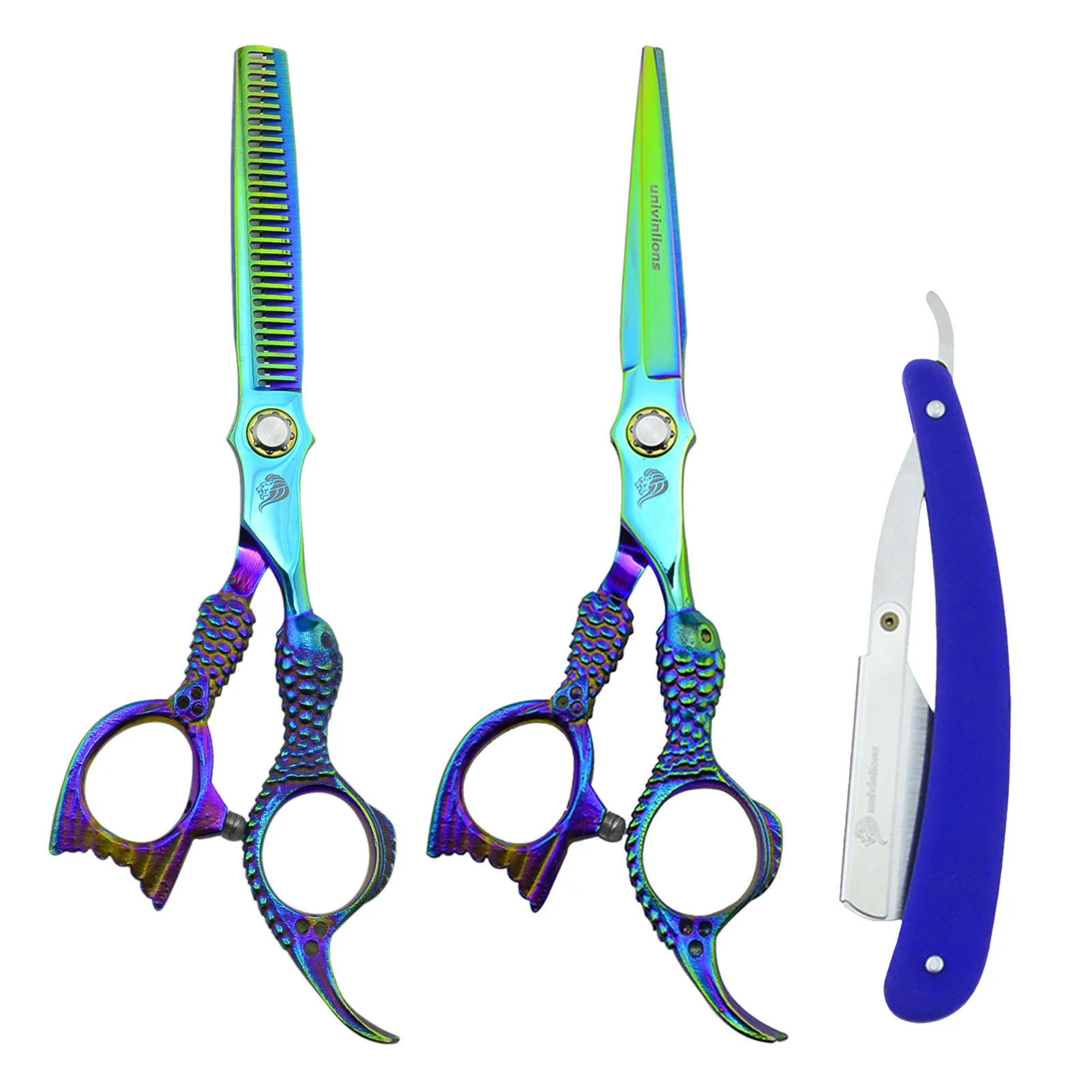 

6.0 Inch Barber Scissors Hair Professional haircut 3 Pieces Kit 1 Thinning Shear 1 Cutting Scissor 1 Foldable Shaving Razor