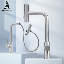 Nickel 304 Stainless Steel Pull-out Kitchen Faucet Waterfall Hot And Cold Mixed Water Sink Tap Multi-function Rinse Rotate 3668