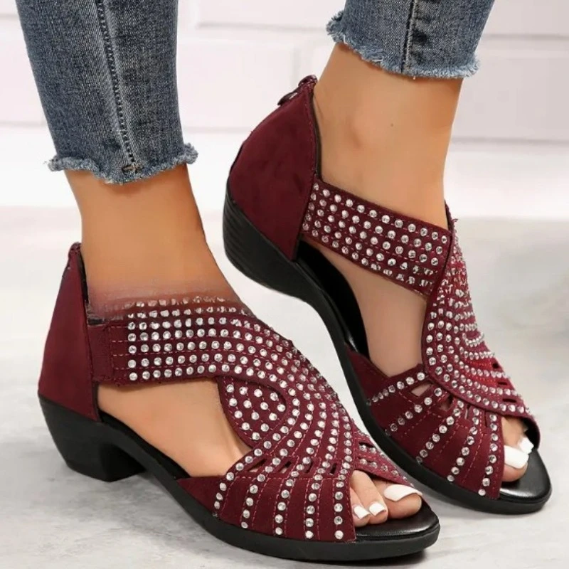 Modische Vielseitige Damenschuhe Sommer Neue Peeptoe-Absatzsandalen Weiche Sohle Rutschfeste Damen-Strass-Sandalen Босоножки Женские – Detail 10