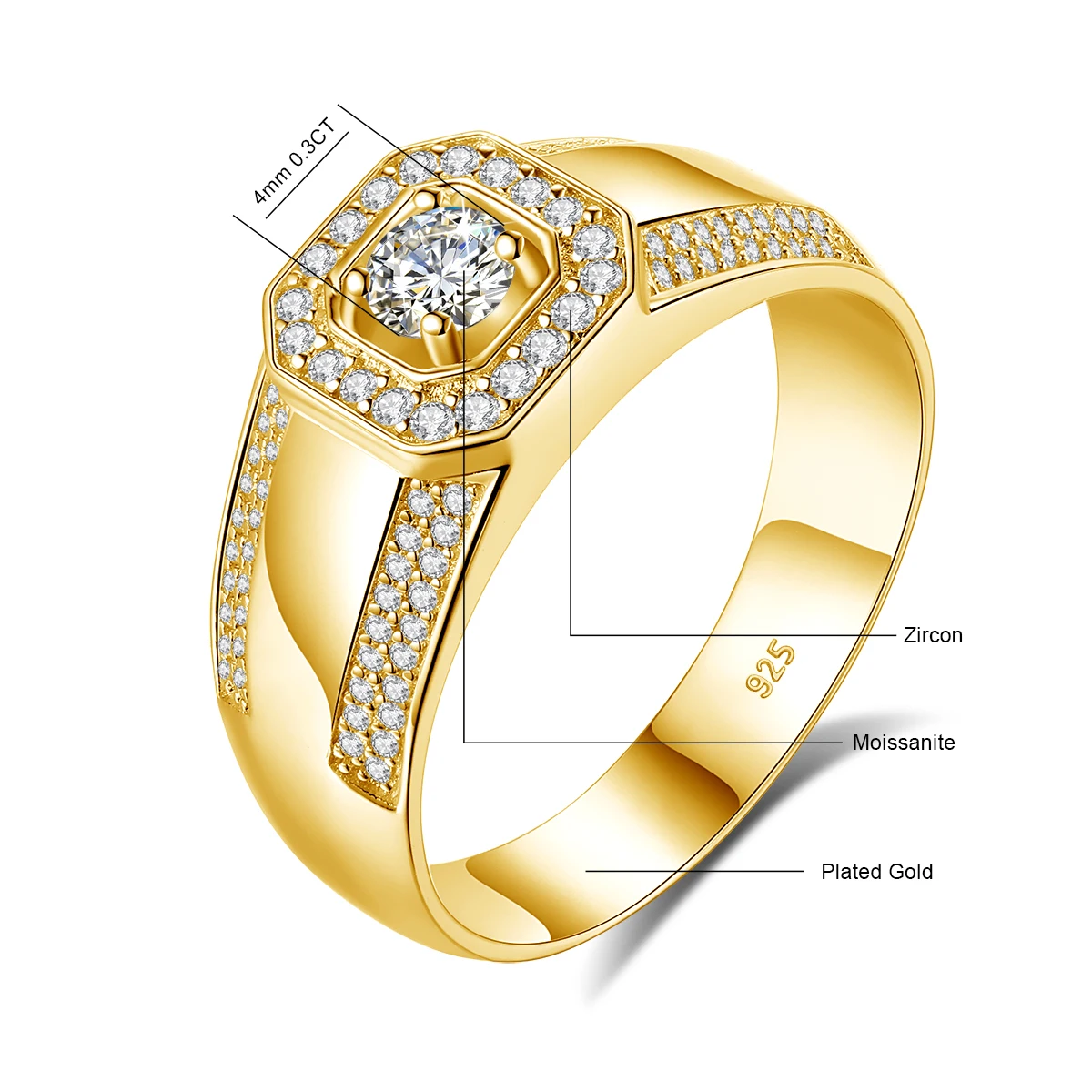 Schwere, runde 4 mm 0,3 ct Moissanit-Herrenringe mit Zertifikat, bestehen den Test, 100 % echtes 925er Silber, Hip-Hop-Männerschmuck, Zubehör im Angebot – Detail 1