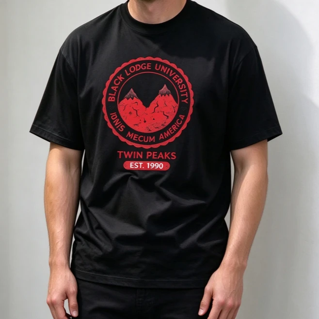 Twin Peaks Black Lodge University Tshirt Retro Circle Badge Graphic Tee Short Sleeve Gift for TV Series Lovers Cotton Unisex