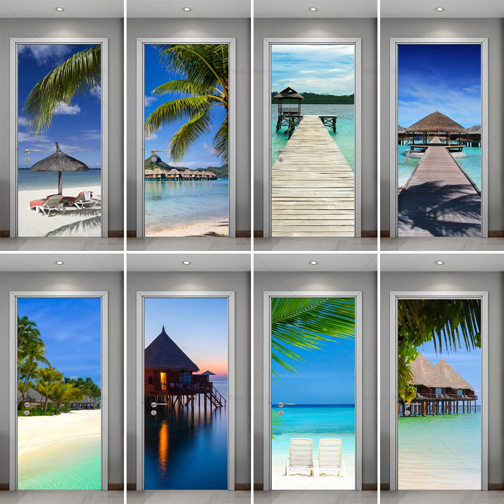 Seaside Beach Vacation Door Sticker Summer Home Decoration Mural PVC Waterproof Self-adhesive Refrigerator Door Sticker