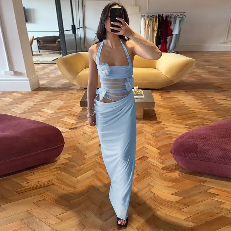 トルノバ 3Dフラワーホルターセクシーロングドレス レディース 2026新作 バケーション服 ファッション メッシュ シースルー スリム レディース ウエストホロードレス