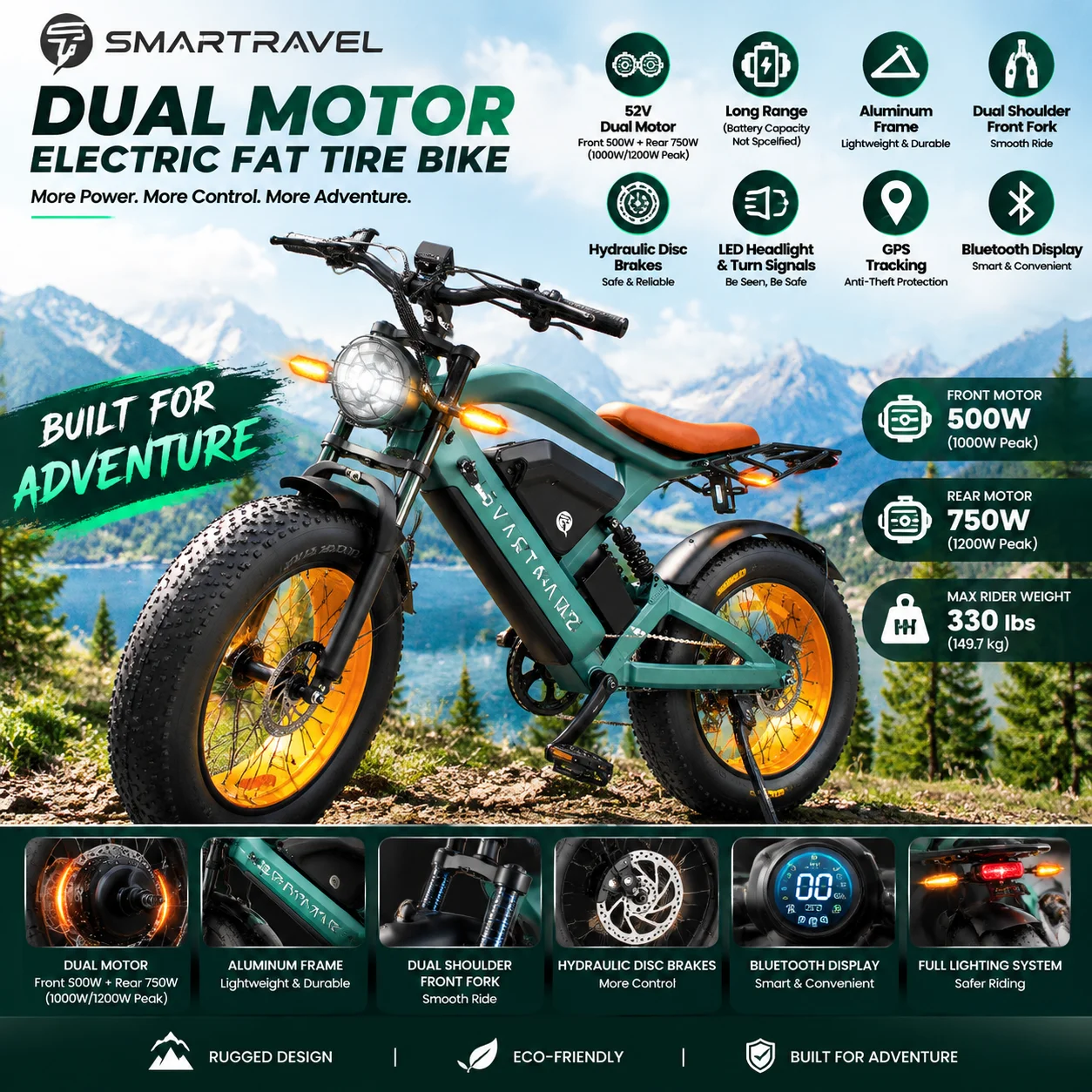 48V 750W Motor (1200W Advertised Peak), Aluminum Frame E-Bike with Front Suspension Fork, Hydraulic Disc Brakes,SMARTRAVEL Electric Fat Tire Bike,  Shimano Components, GPS Tracking, Turn Signals, Rear Cargo Rack