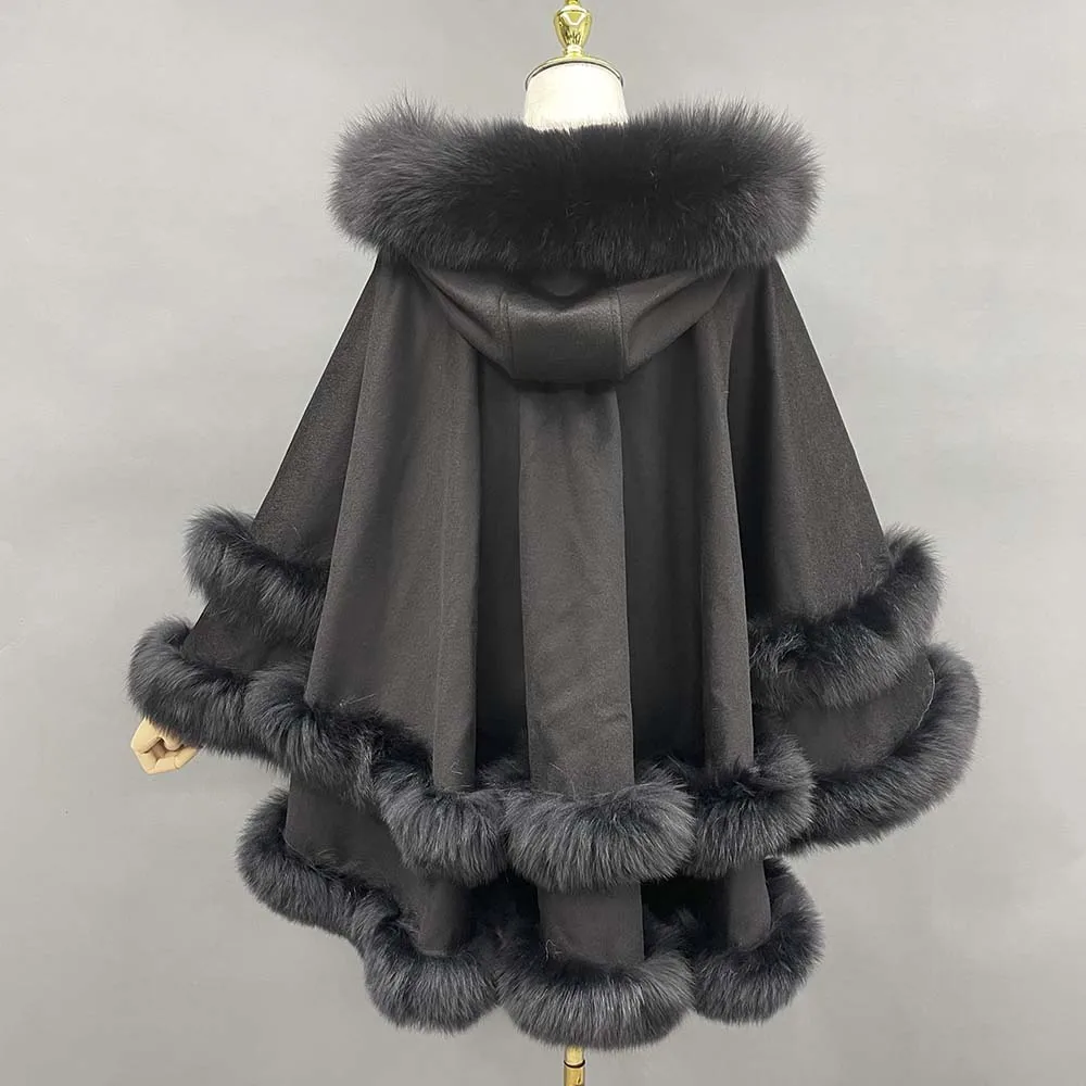 MISSJANEFUR Women Wool Cape with Fox Fur Collar Trim 2022 Luxury Warm Cashmere Cape Elegant Winter Cloak