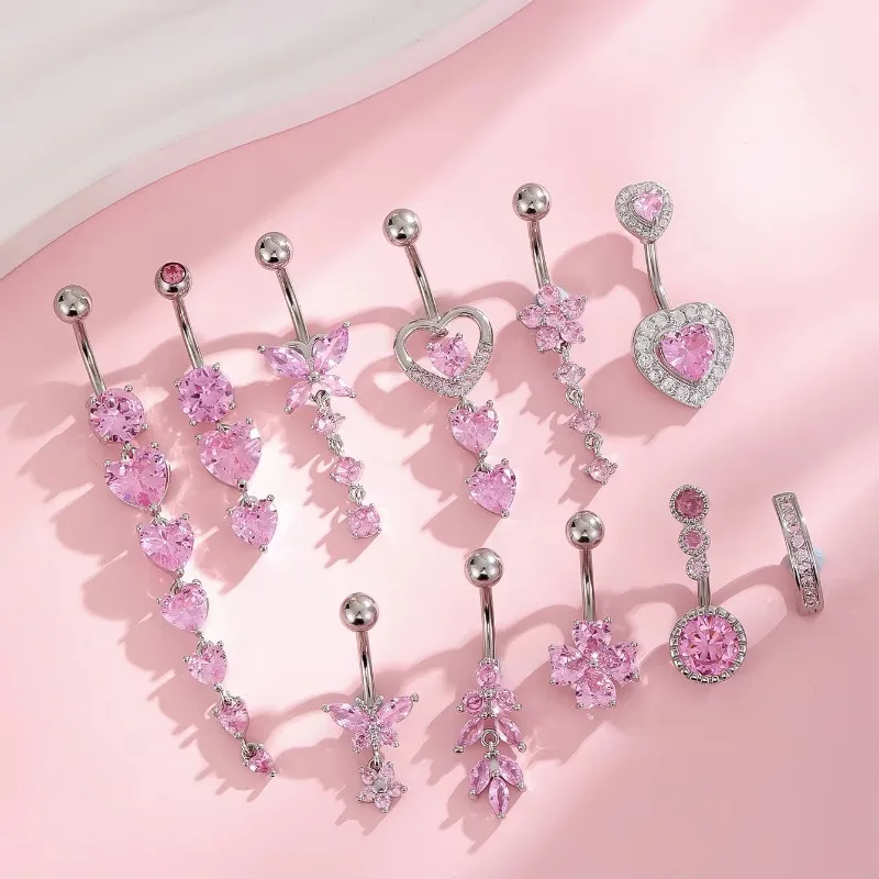 Modische rosa Kristallkronen-Bauchnabelringe aus Edelstahl mit langem Anhänger in Schmetterlings- und Herzform für Damen-Schmuck. – Detail 6