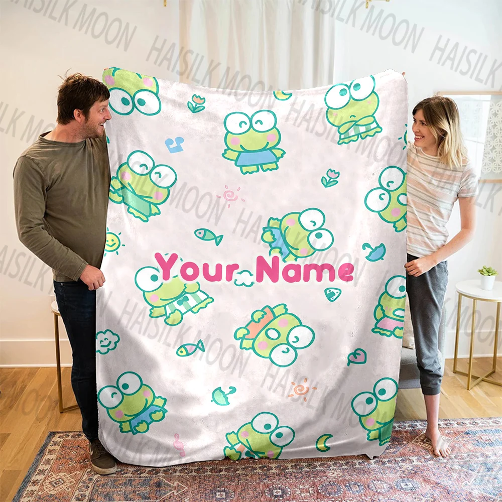 Custom Name Cartoon Sanrio Keroppi Printed Blanket, All-Season Multi-Use for Nap, Camping, Travel, Car,Sofa Bed Machine Washable