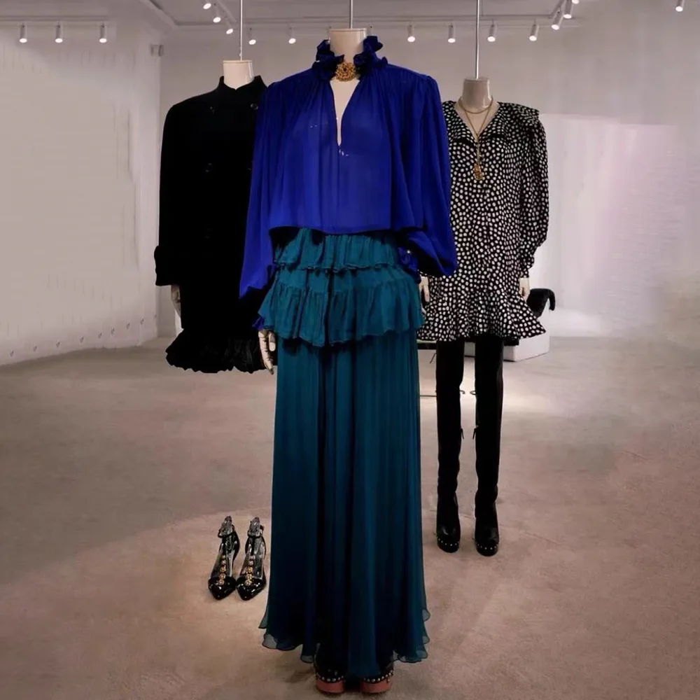 

2026 Early Spring New Women's Blue Ruffle Stand Collar Puff Sleeve Shirt, Loose Casual Short Top