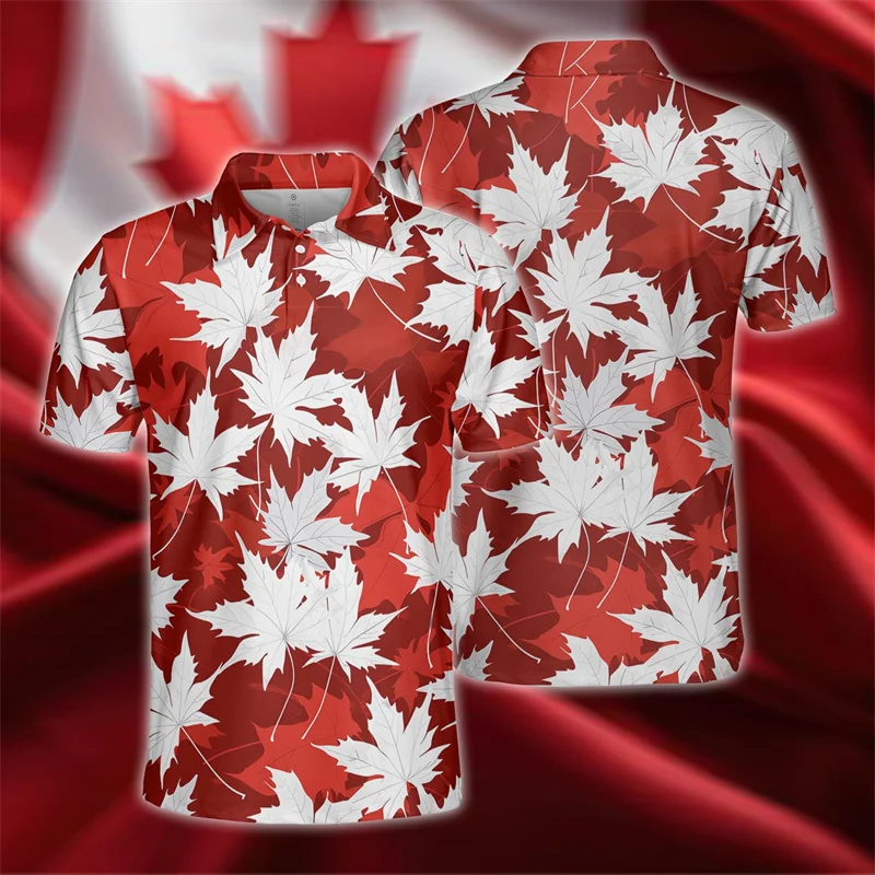 Canada Day Patriotic Graphic Polo Shirts For Men Canadian Flag Maple Leaf 3D Printed Tees Loose Sport Short Sleeves Button Tops