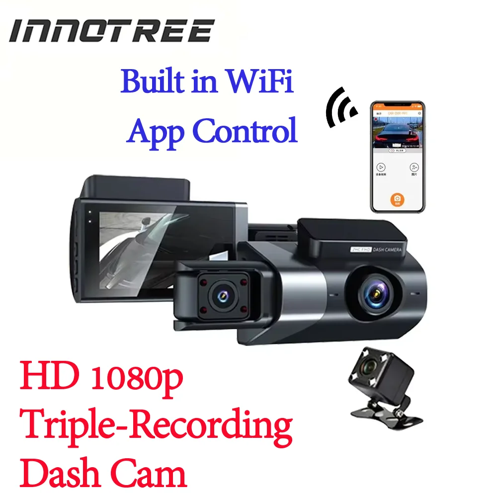 HD 1080P Üçlü Kayıt Araç Kamerası 3 Kanallı WiFi Gece Görüş Araba Kamera ile 24H Park Monitörü Döngü Kayıt Geri Vites Yardımı