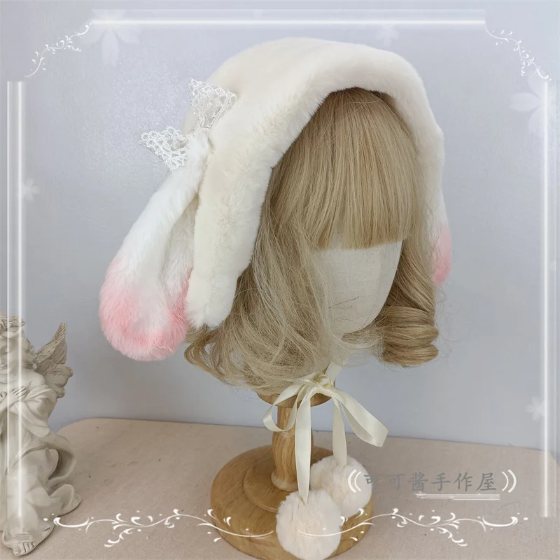 Original Handmade Lolita Rabbit Ears Earmuff Ancient Han Chinese Clothing Girl Heart Rabbit Ear Covers Plush Closed Toe Warm Hat