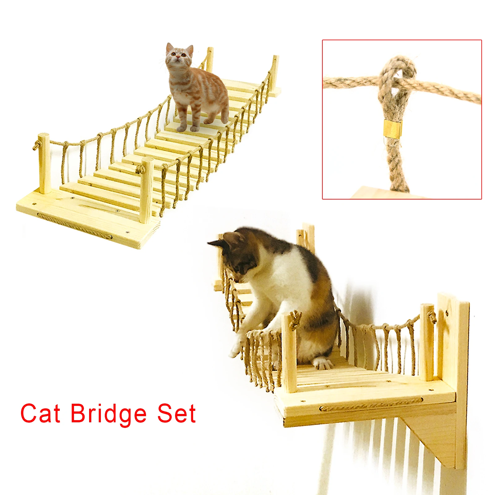 Wall-mounted Solid Wood Cat Climbing Frame Cat rope Ladder  Roped Cat Bridge Set Pet Cat Suspension Bridge