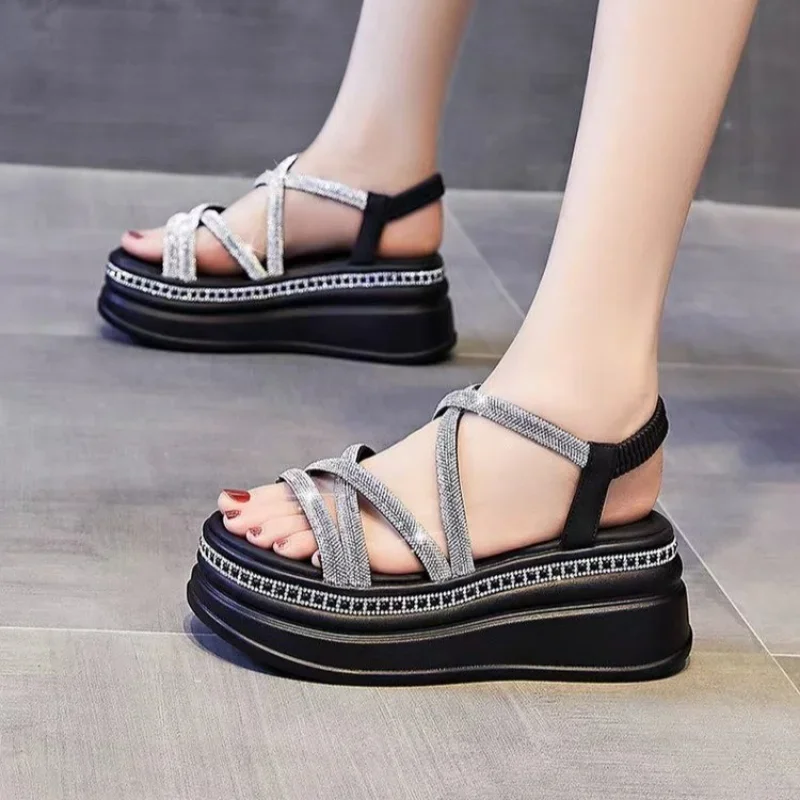 Hot Women Platform Bling Sandals New Summer 7.5CM High Heels Lady Crystal Wedges Beach Walking Shoes Slippers Sandalias Mujer