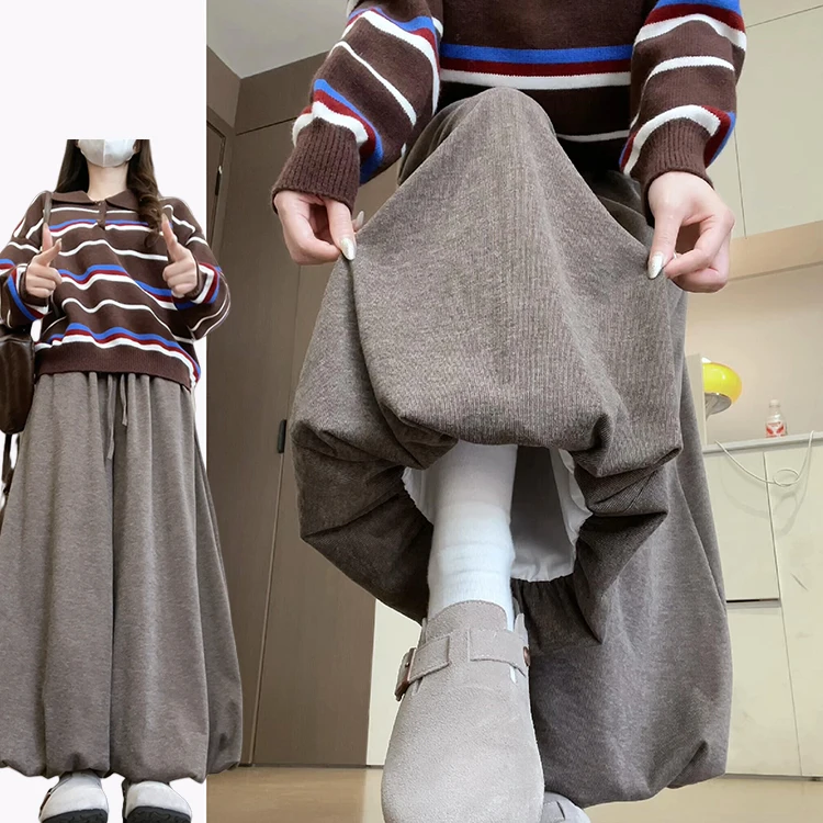 Корейская свободная трикотажная коричневая юбка с рисовым тортом, брюки, женские осенне-зимние брюки с высокой талией, девять очков, пушистая юбка с бутоном цветка