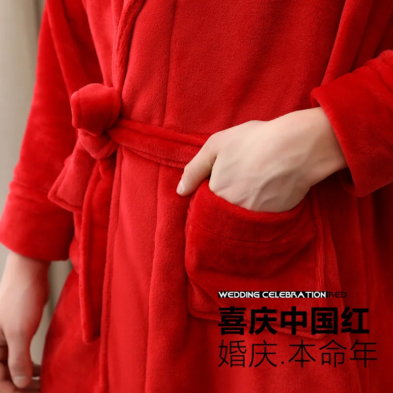 Lovers Long Warm Flannel Bathrobe Women Winter Bath Robe Hooded Dressing Gown Red Christmas Robes Men Night Sleepwear