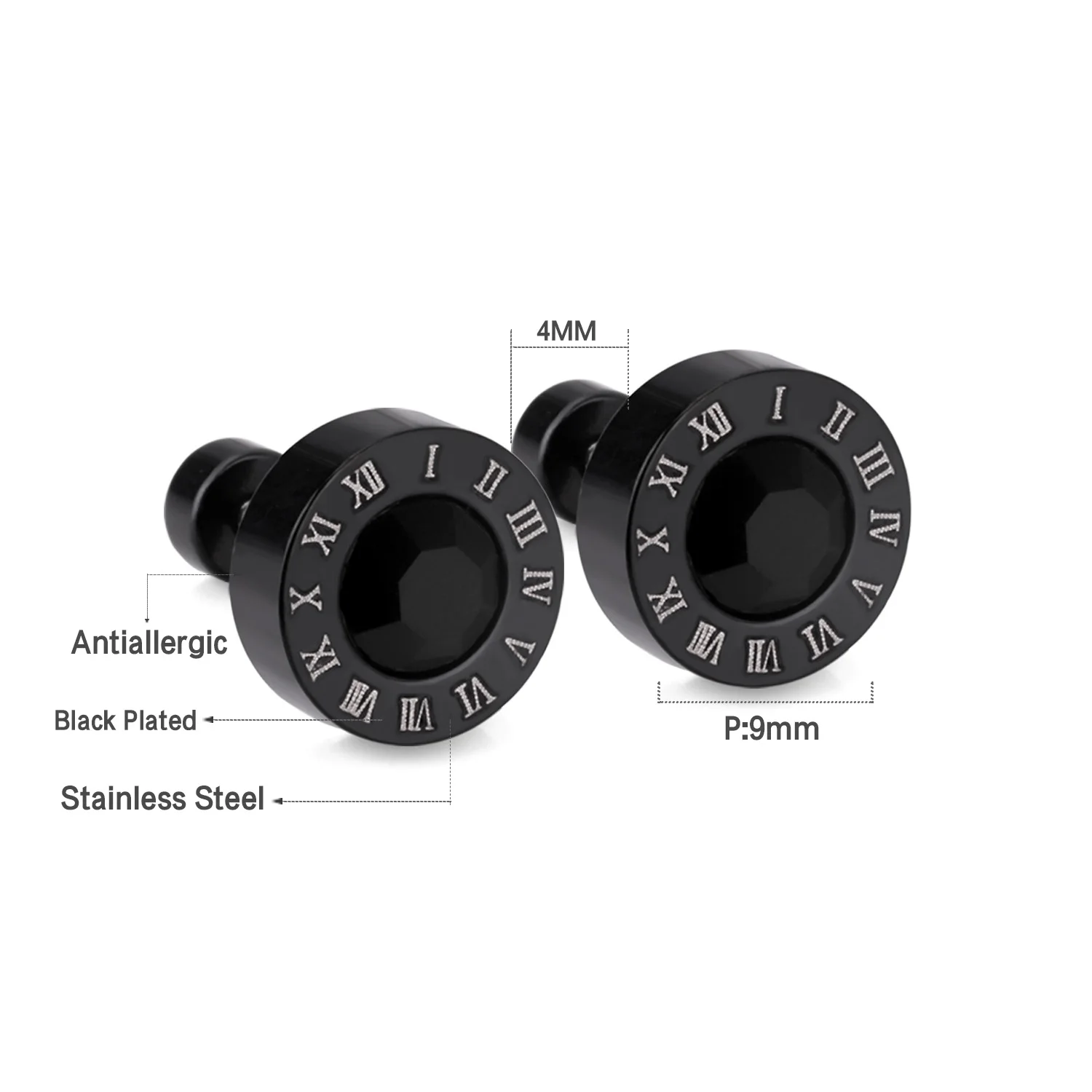 LUXUSTEEL Stainless Steel Acrylic Crystal Stud Earrings for Women Men Punk Roman Number Clear Black CZ Bling Fashion Ear Jewelry